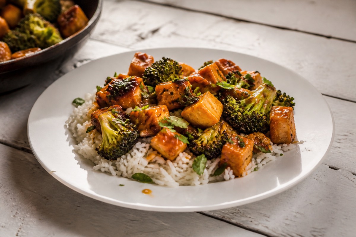 Sticky orange tofu with charred broccoli