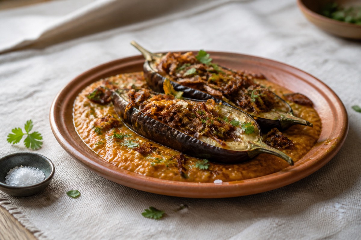 Roast aubergine on garlic dal