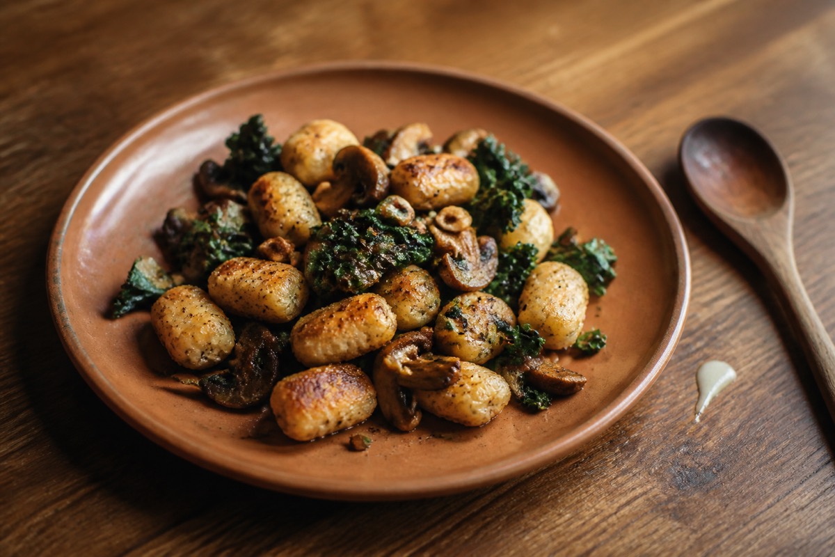 Crispy gnocchi with mushrooms, kale & hazelnuts