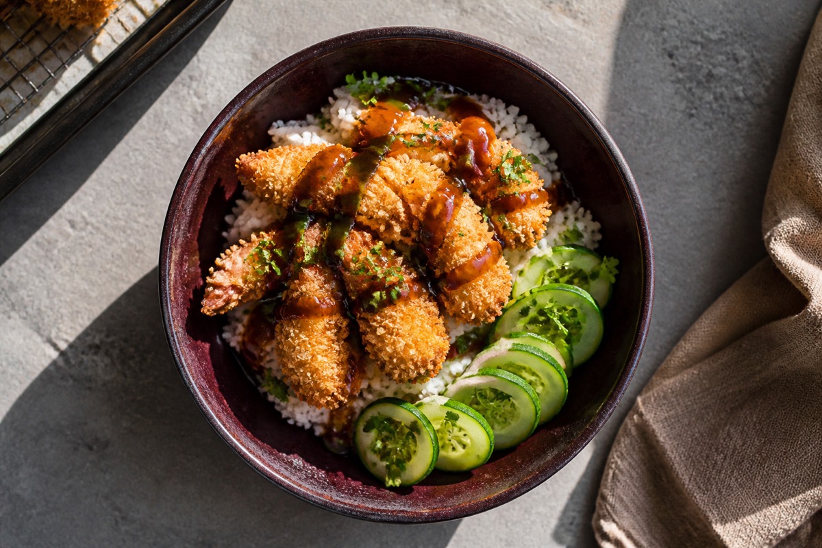 Crispy prawn katsu bowls with quick pickle