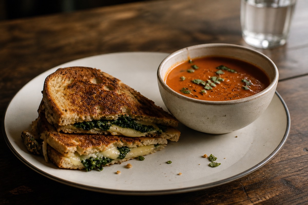 Greens & Gruyere toastie with quick tomato soup