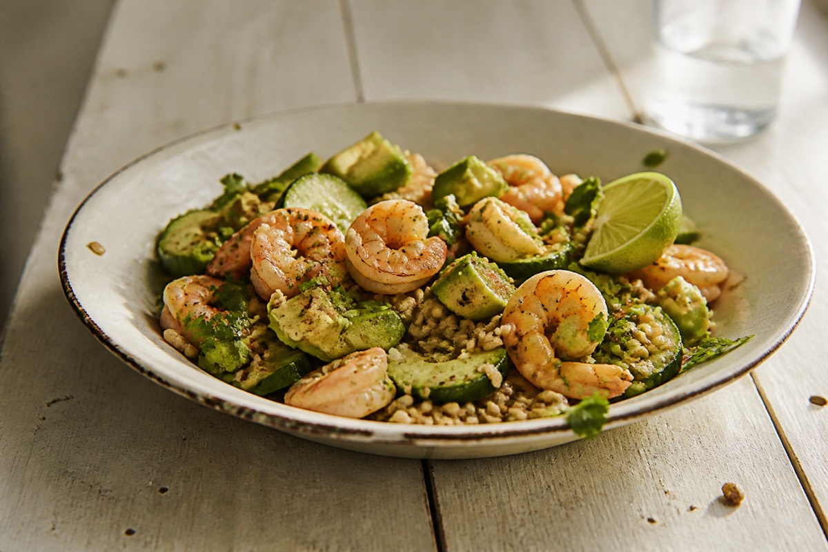 Prawn, avocado & brown rice salad with lime