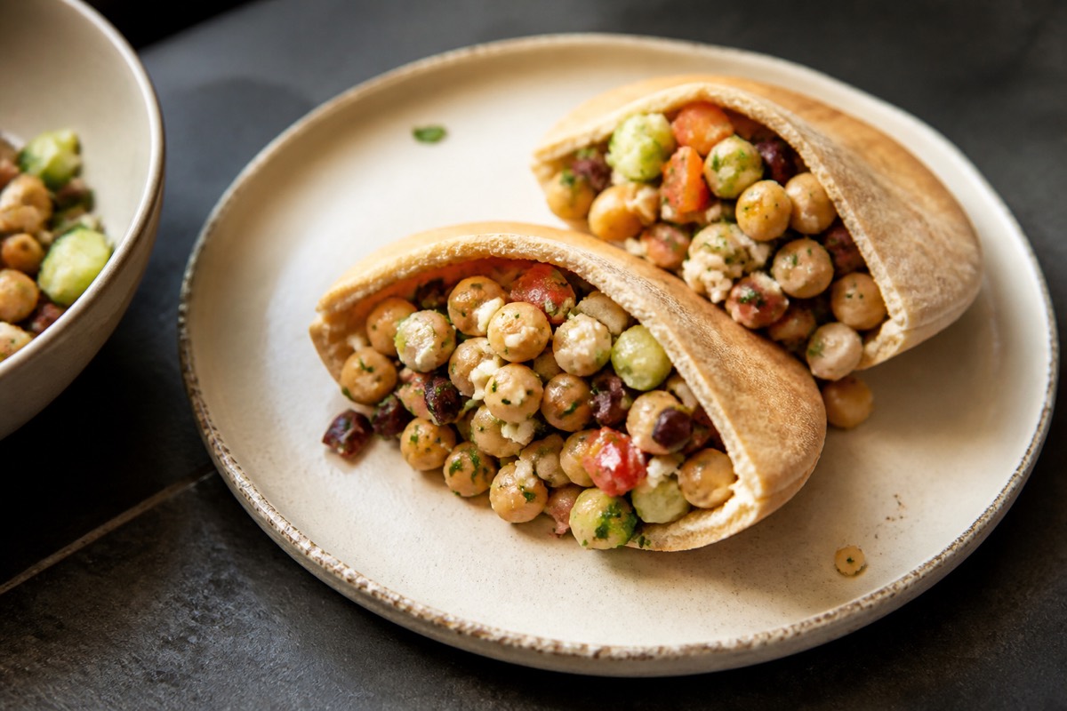 Chopped Greek salad & chickpea pittas
