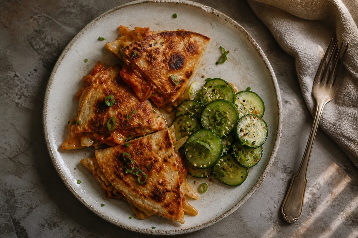 Kimchi & cheddar quesadilla with sesame cucumber