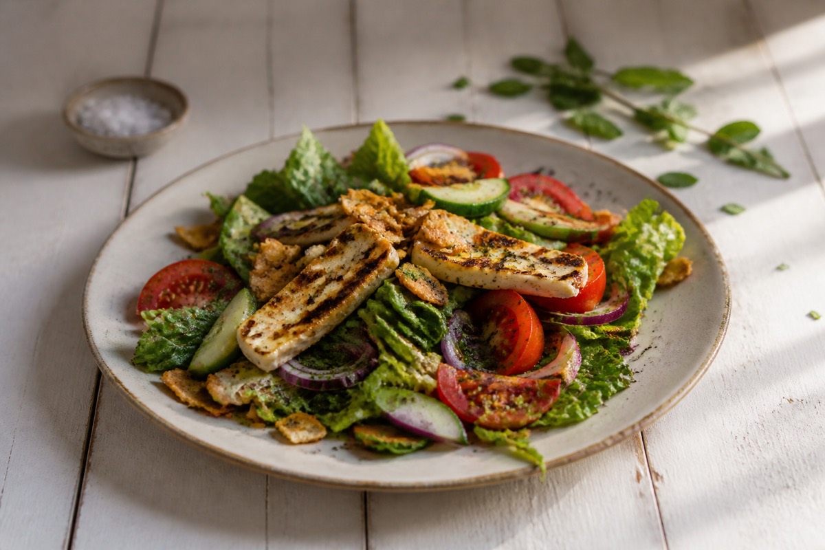 Halloumi fattoush with sumac & pitta crisps