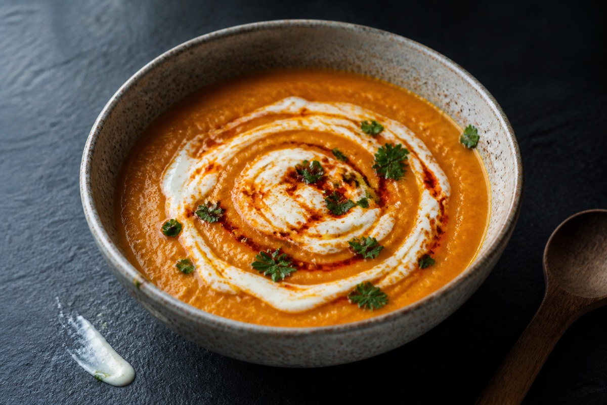 Harissa carrot & red lentil soup