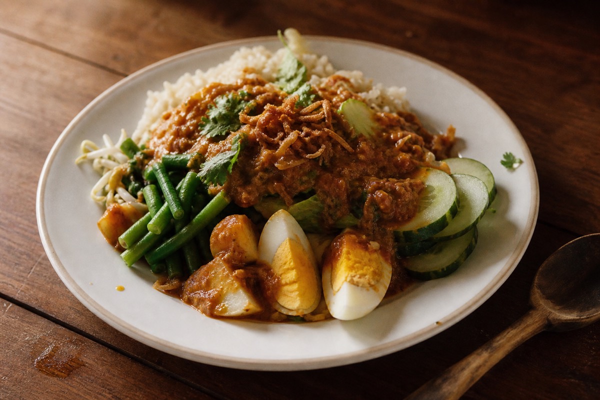 Gado-gado lunch plate with eggs & peanut sauce