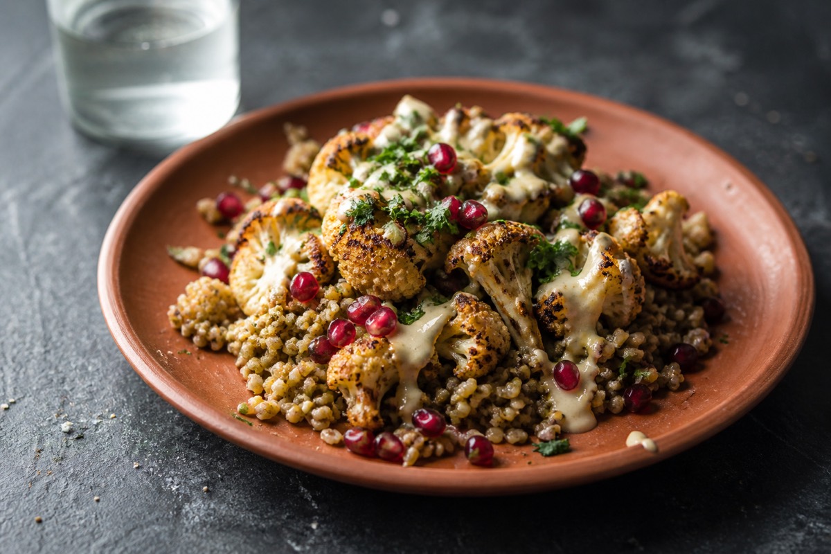 Freekeh, charred cauliflower & pomegranate bowls