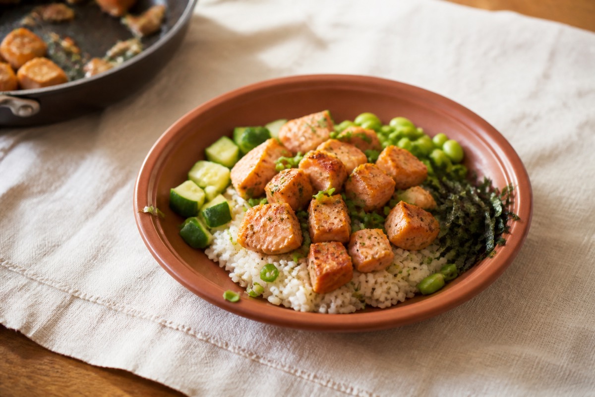 Salmon poke-style bowl with sushi rice