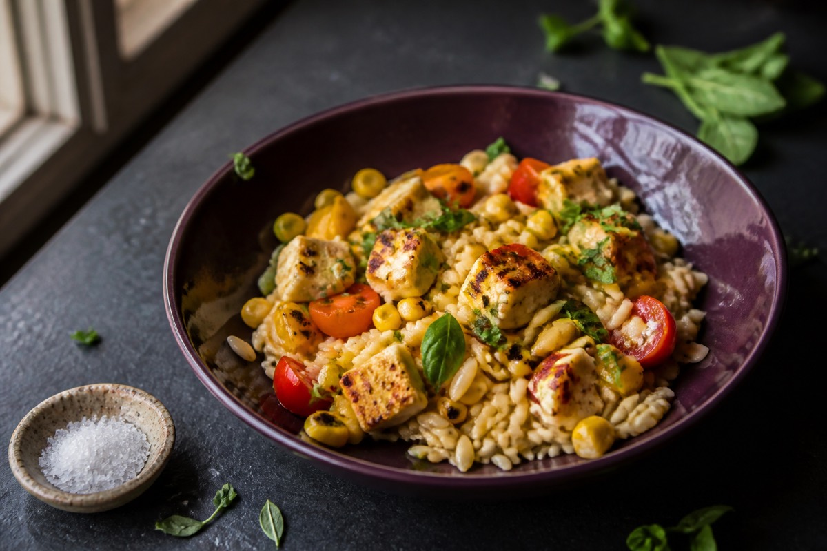 Charred corn, halloumi & basil orzo salad