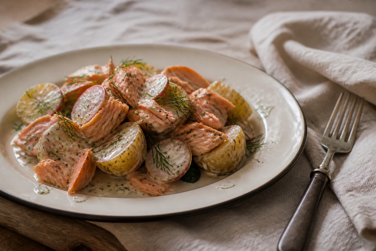 Hot-smoked salmon & new potato salad with dill