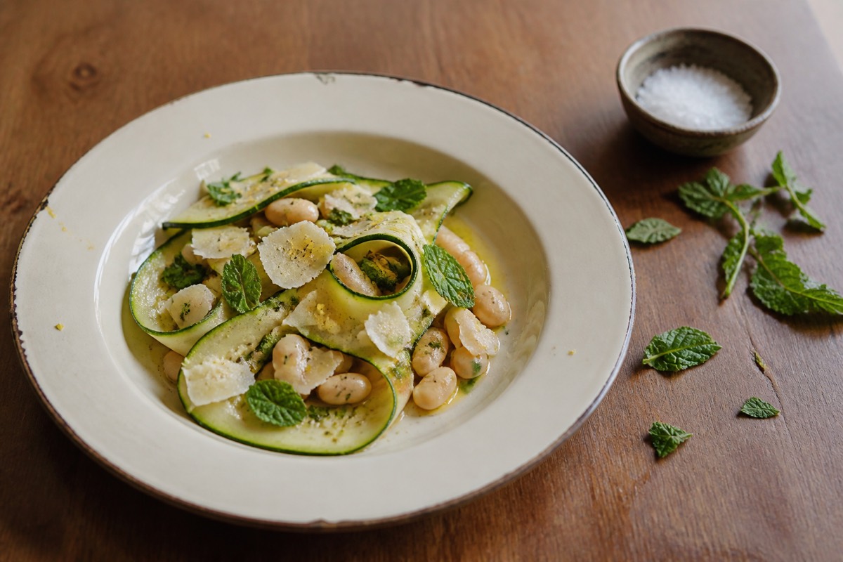 Courgette ribbon, white bean & parmesan salad