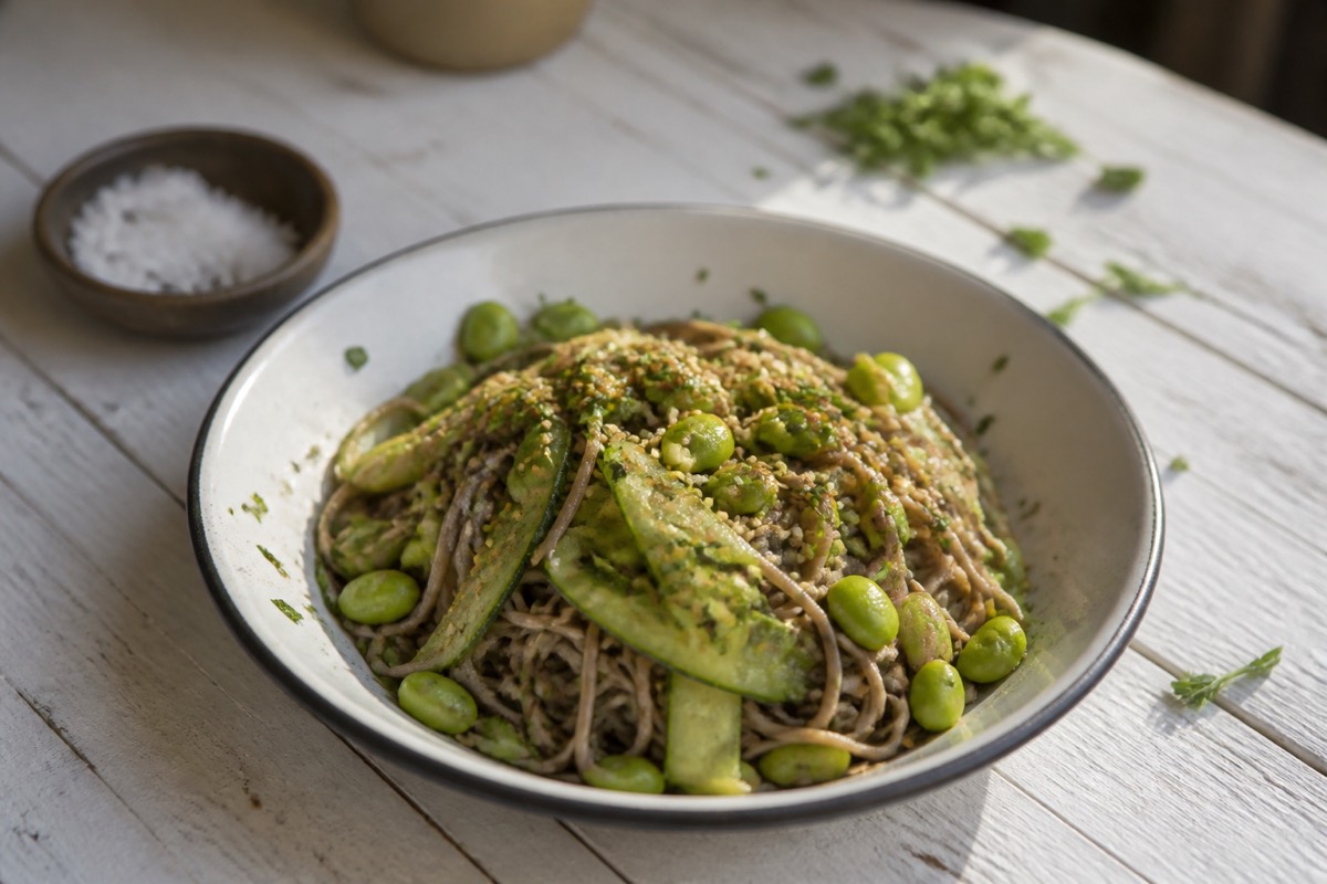 Cold sesame soba with edamame & cucumber
