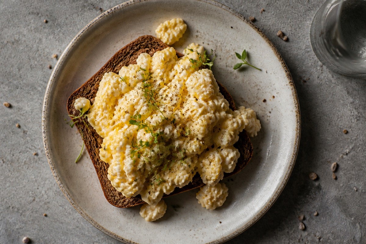 Cottage cheese scrambled eggs on rye
