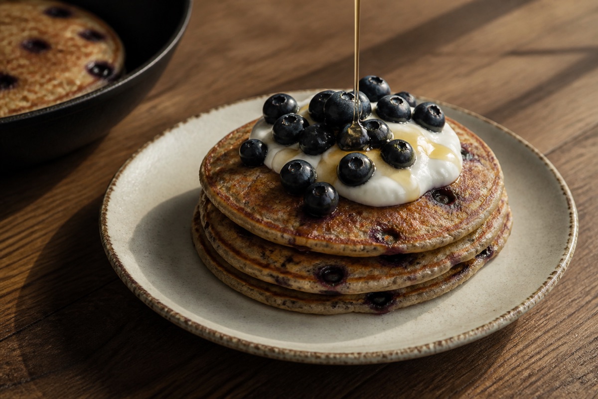 Blueberry buckwheat pancakes with yogurt
