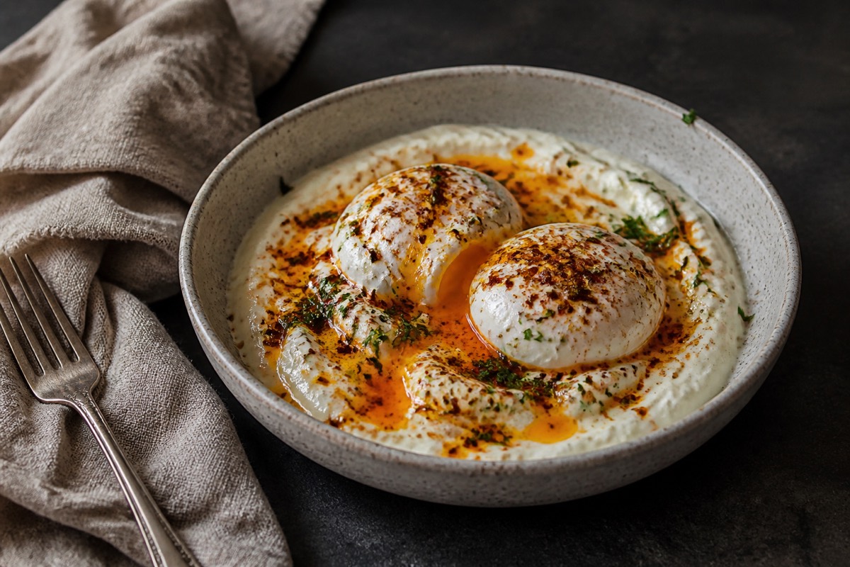 Turkish eggs (cilbir) with garlic yogurt