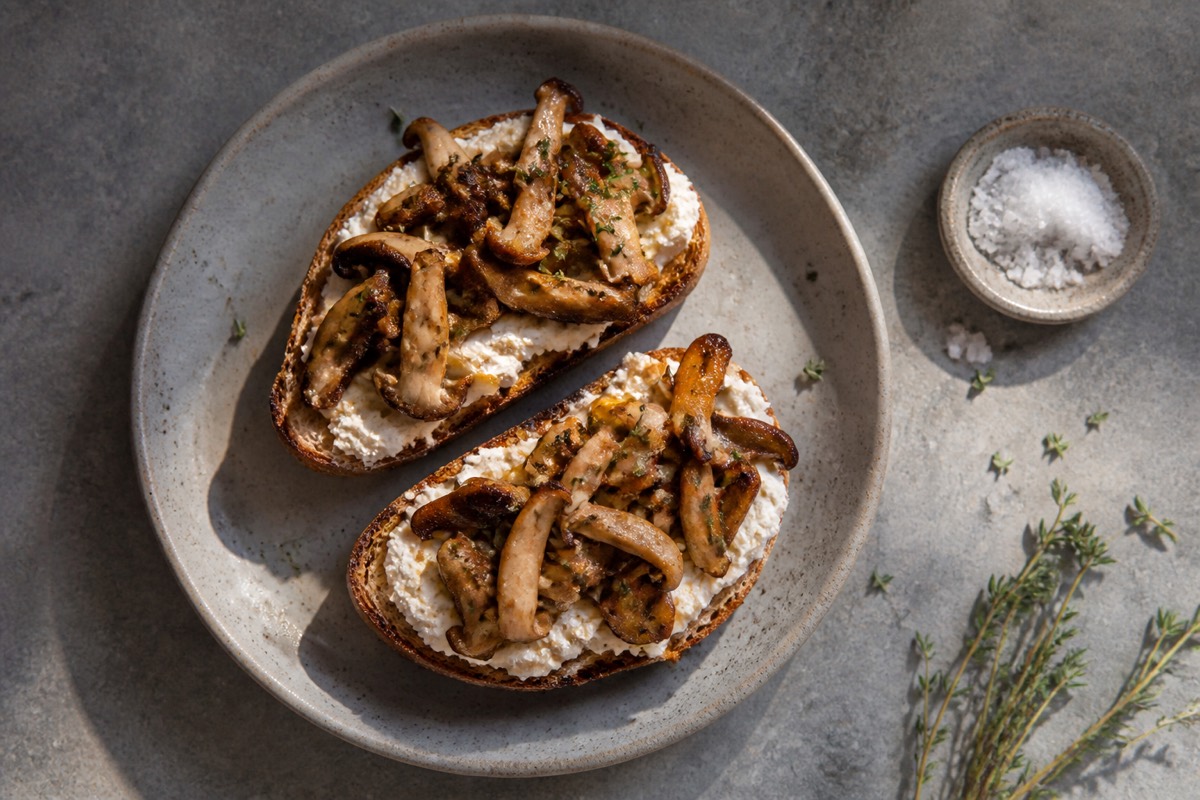 Garlic thyme mushrooms on ricotta toast