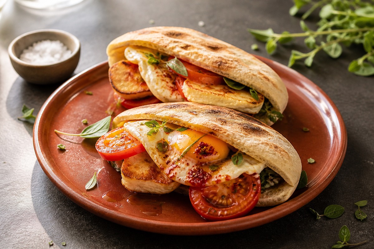 Halloumi, egg & tomato breakfast pittas