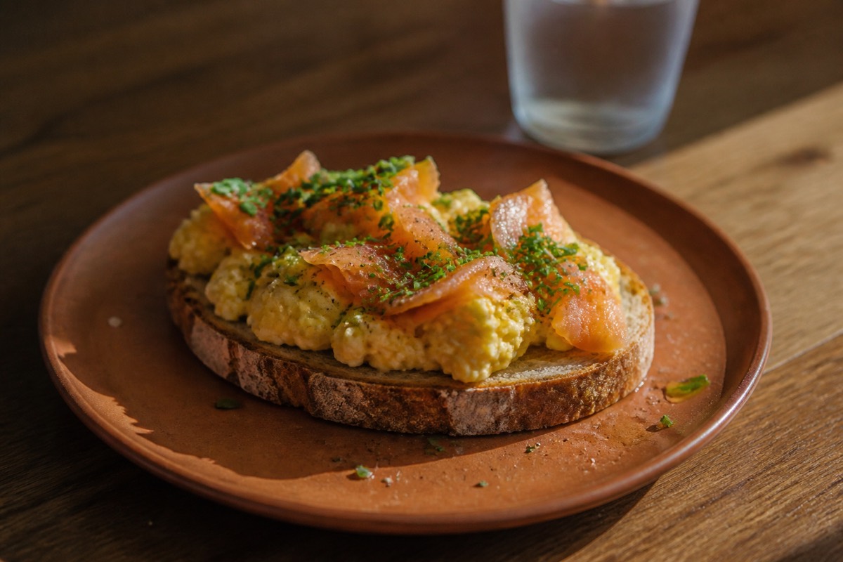 Christmas morning salmon scramble with chives