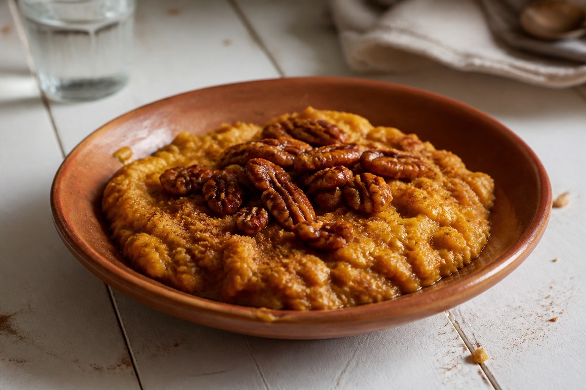 Pumpkin spice porridge with maple pecans