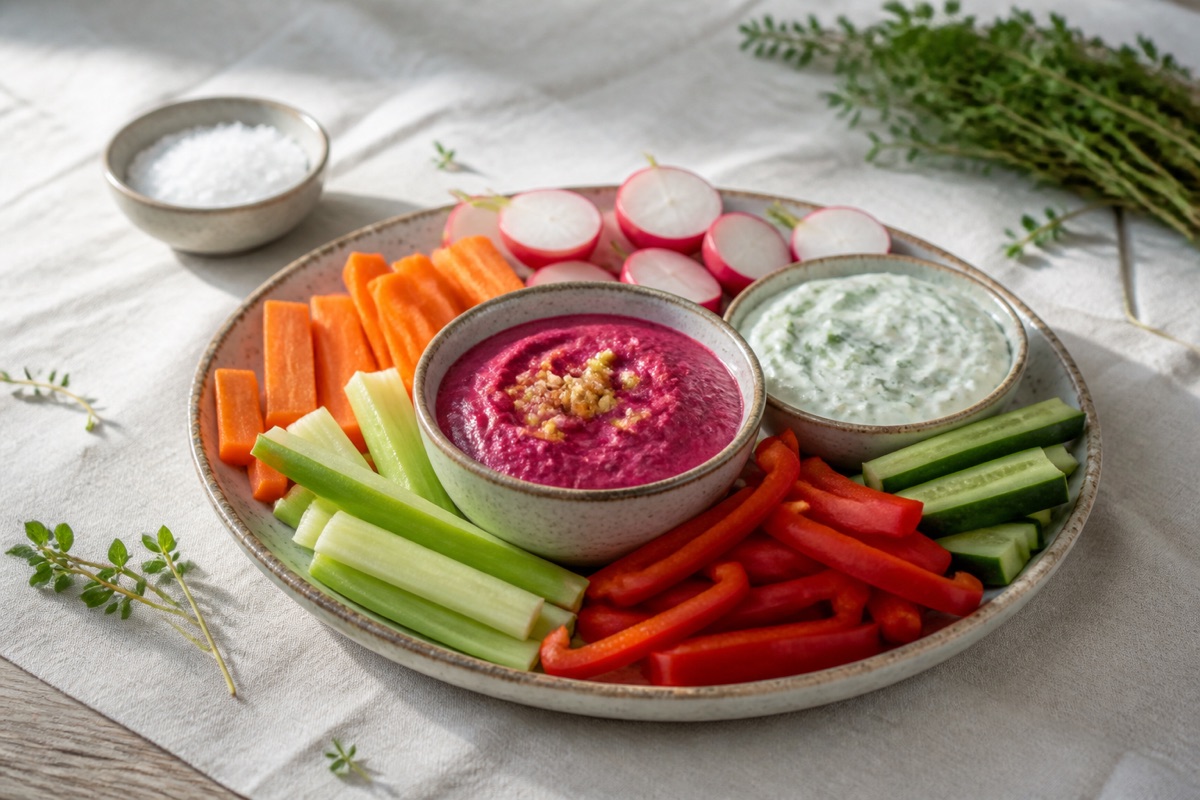 Crudites with beet-walnut & herby yogurt dips