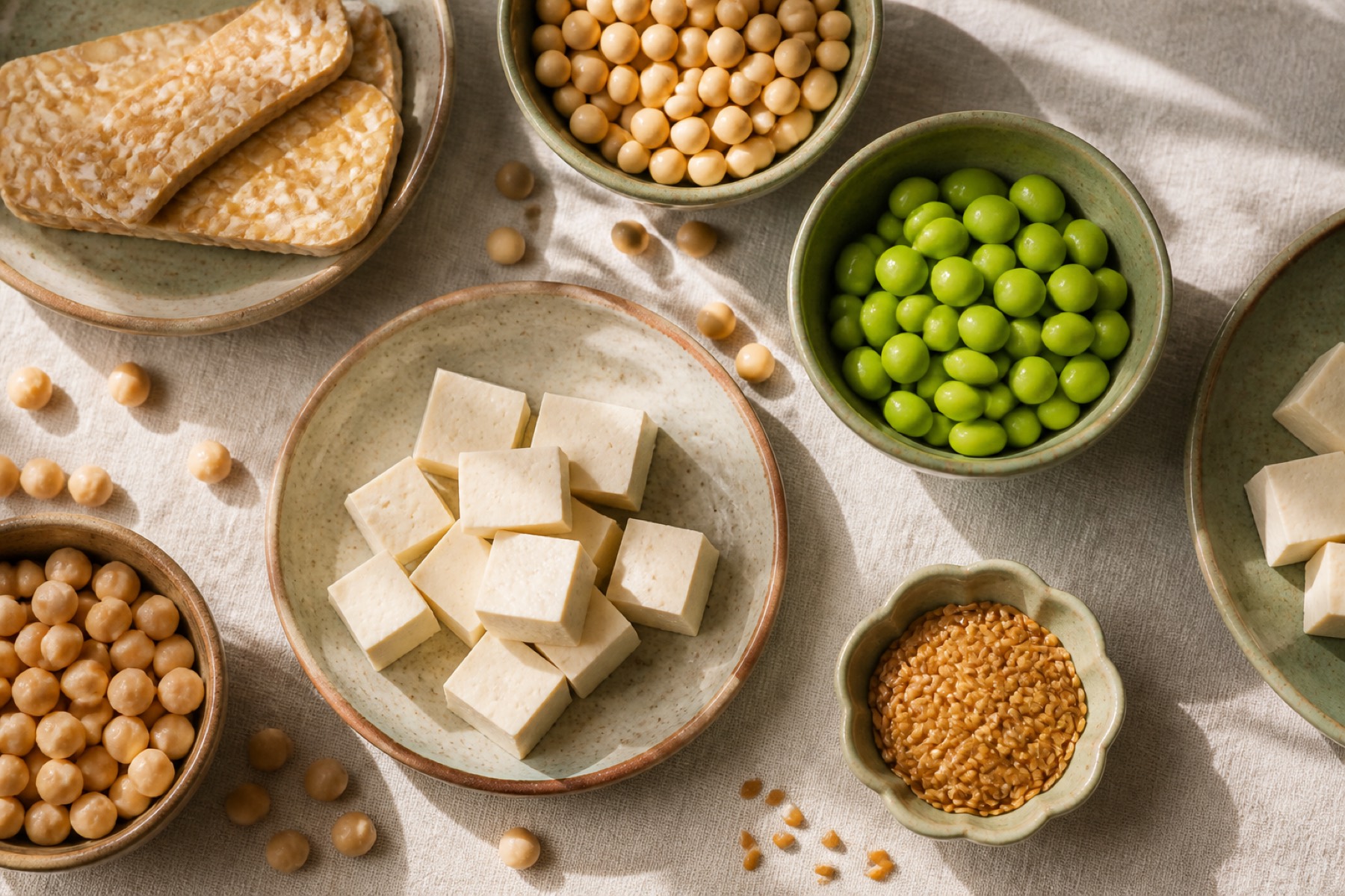 Bowls of edamame, tofu, tempeh, soy beans and flaxseed