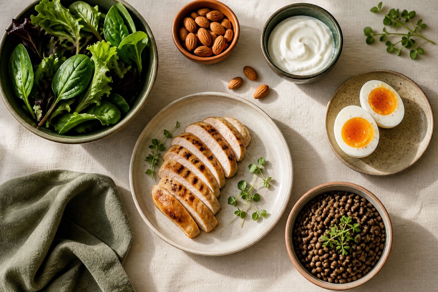 Flat lay of grilled chicken, eggs, yoghurt, lentils and leafy greens