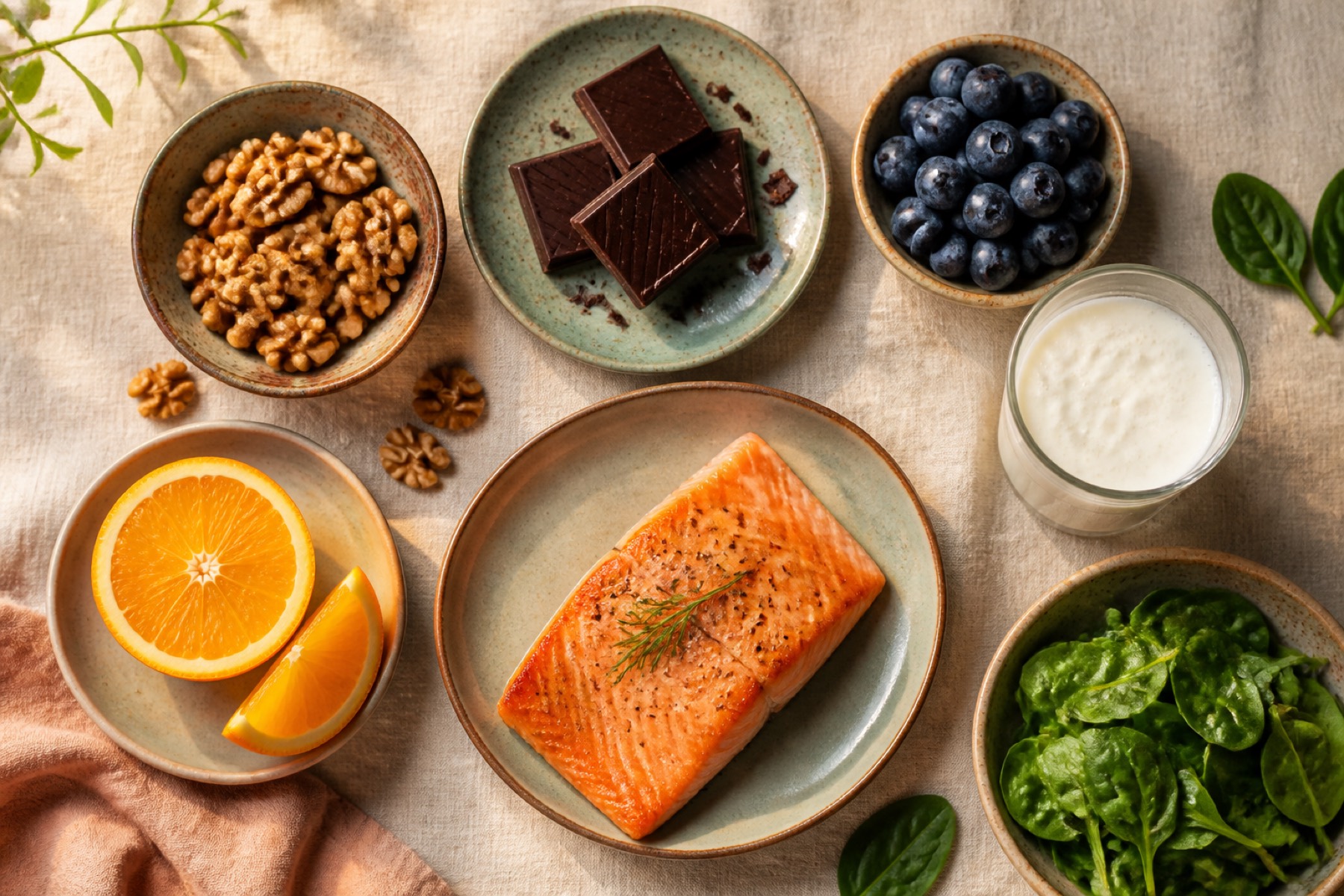 Seared salmon with walnuts, dark chocolate, blueberries, orange, kefir and spinach