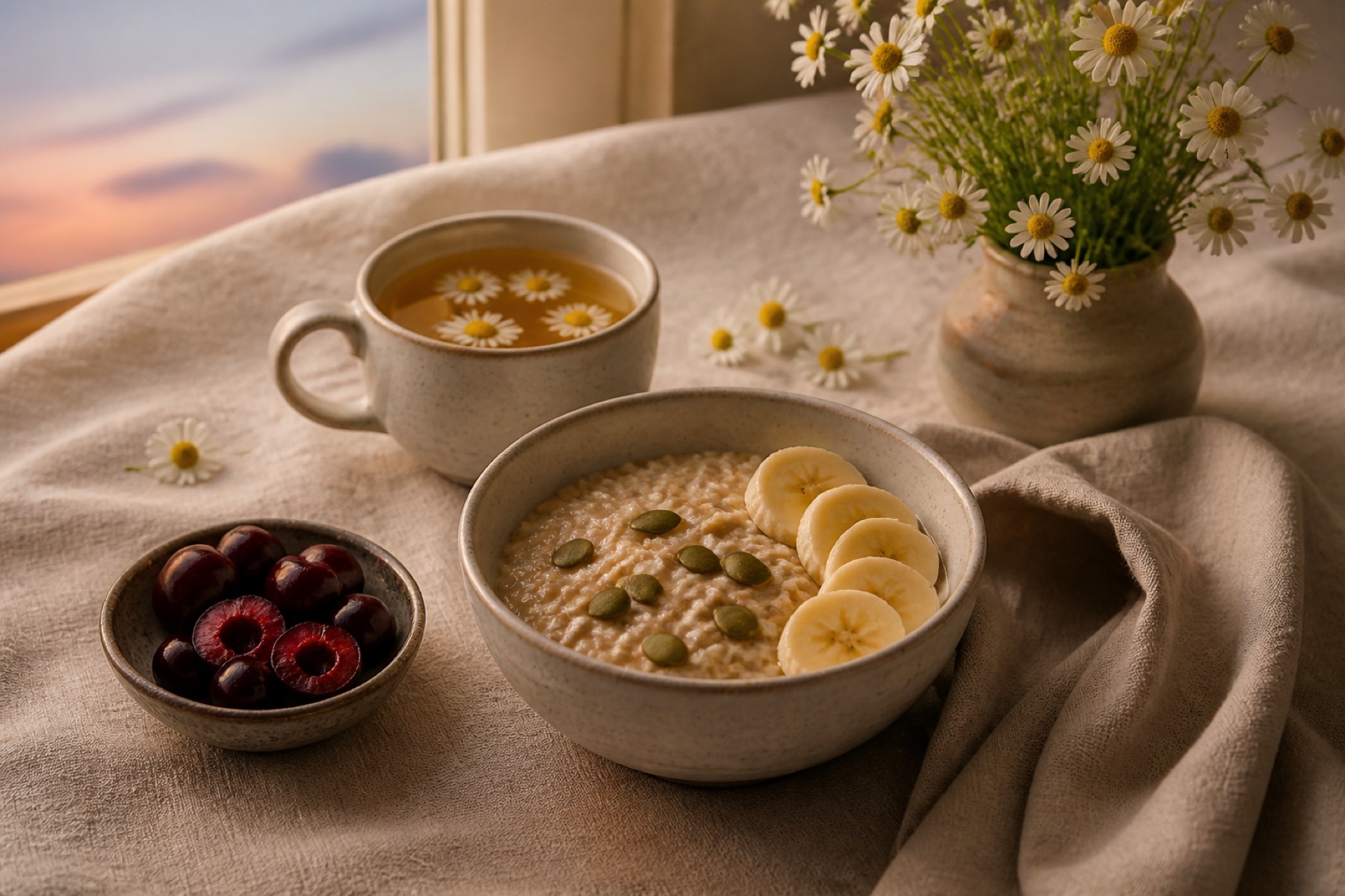 Warm oat porridge with banana, chamomile tea and cherries in evening light