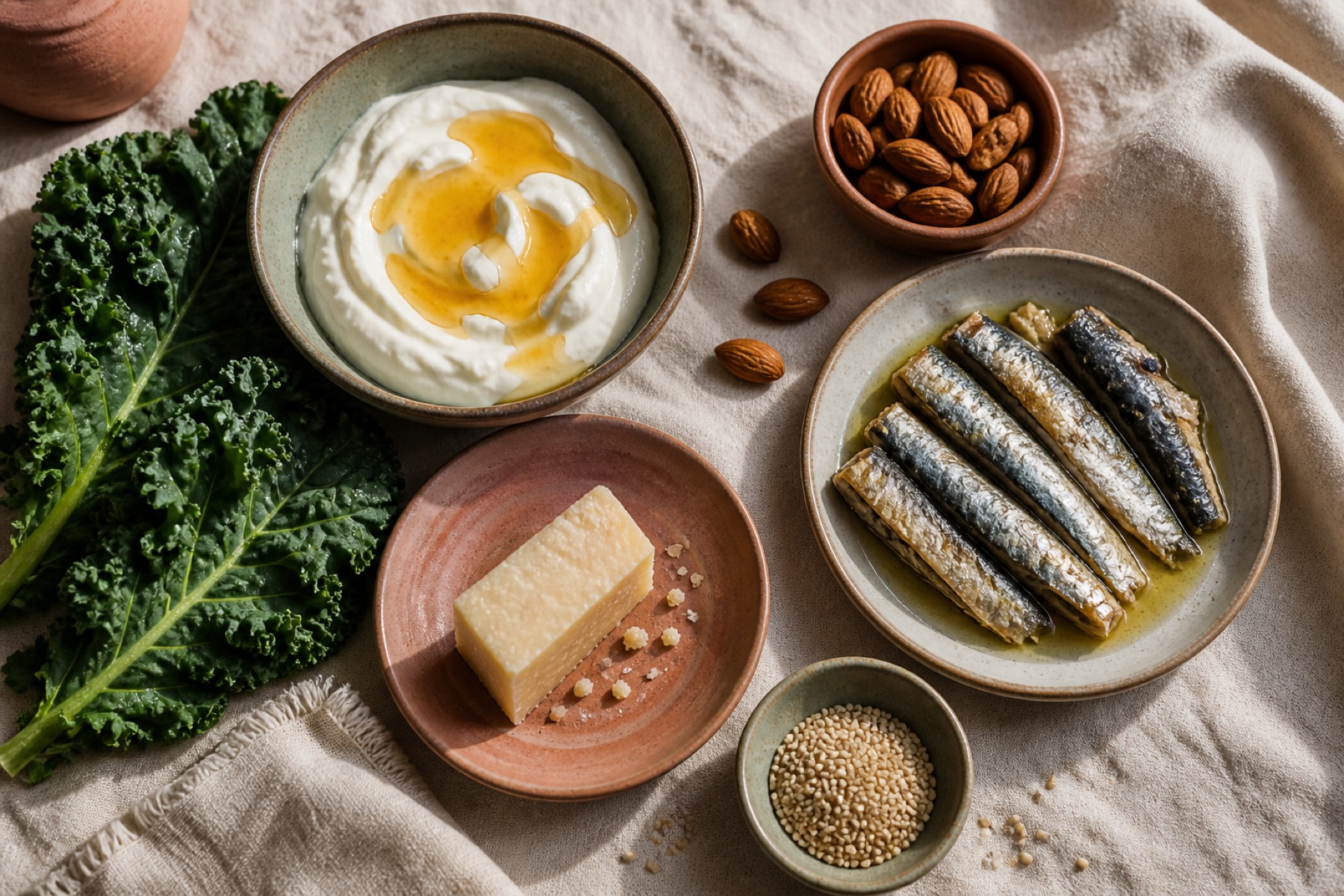 Greek yoghurt with honey, sardines, kale, cheese and almonds