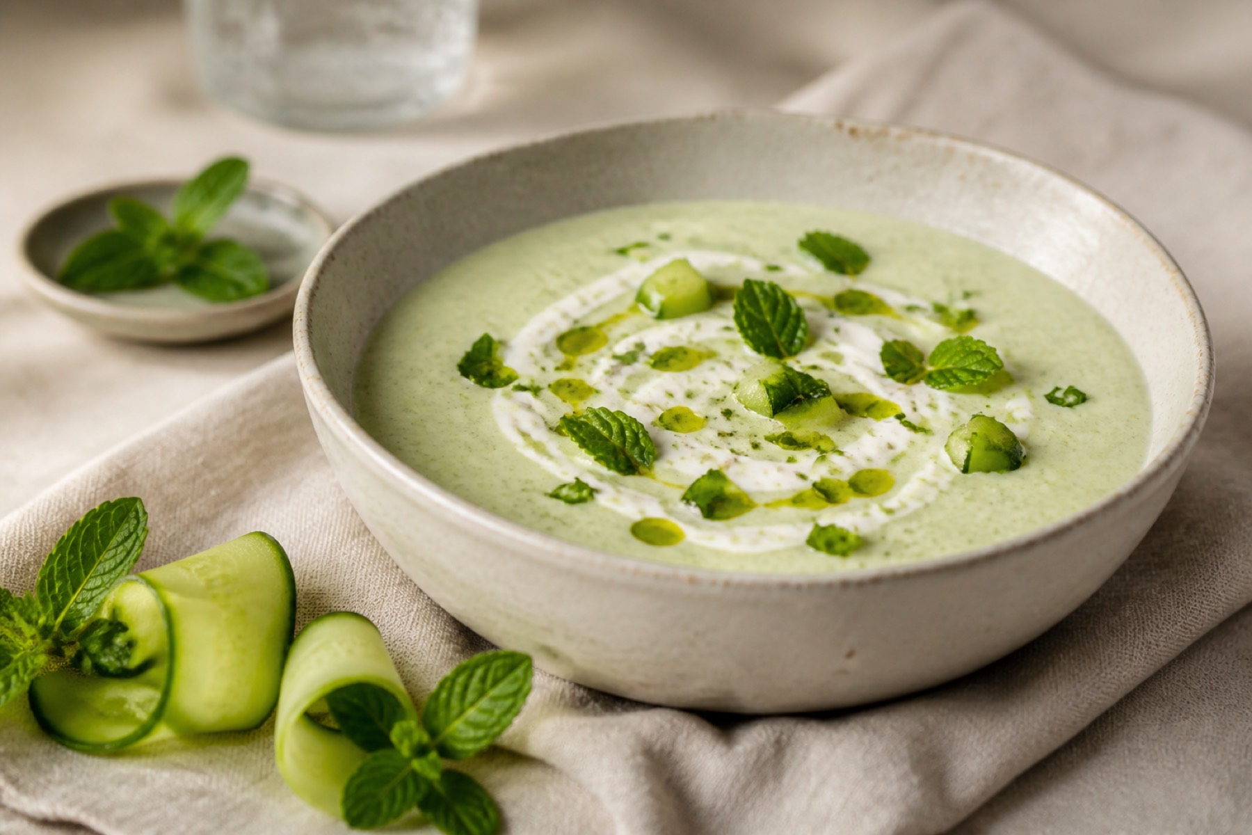 Chilled cucumber, mint and yoghurt soup in a wide ceramic bowl