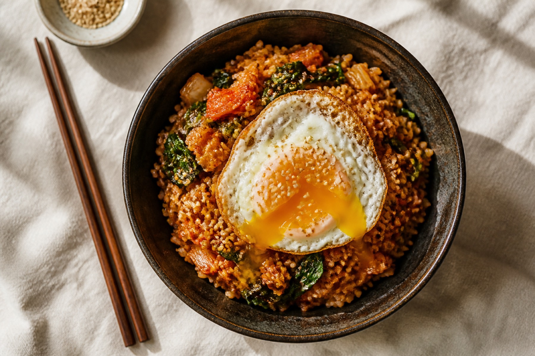 Kimchi fried brown rice topped with a fried egg in a dark ceramic bowl