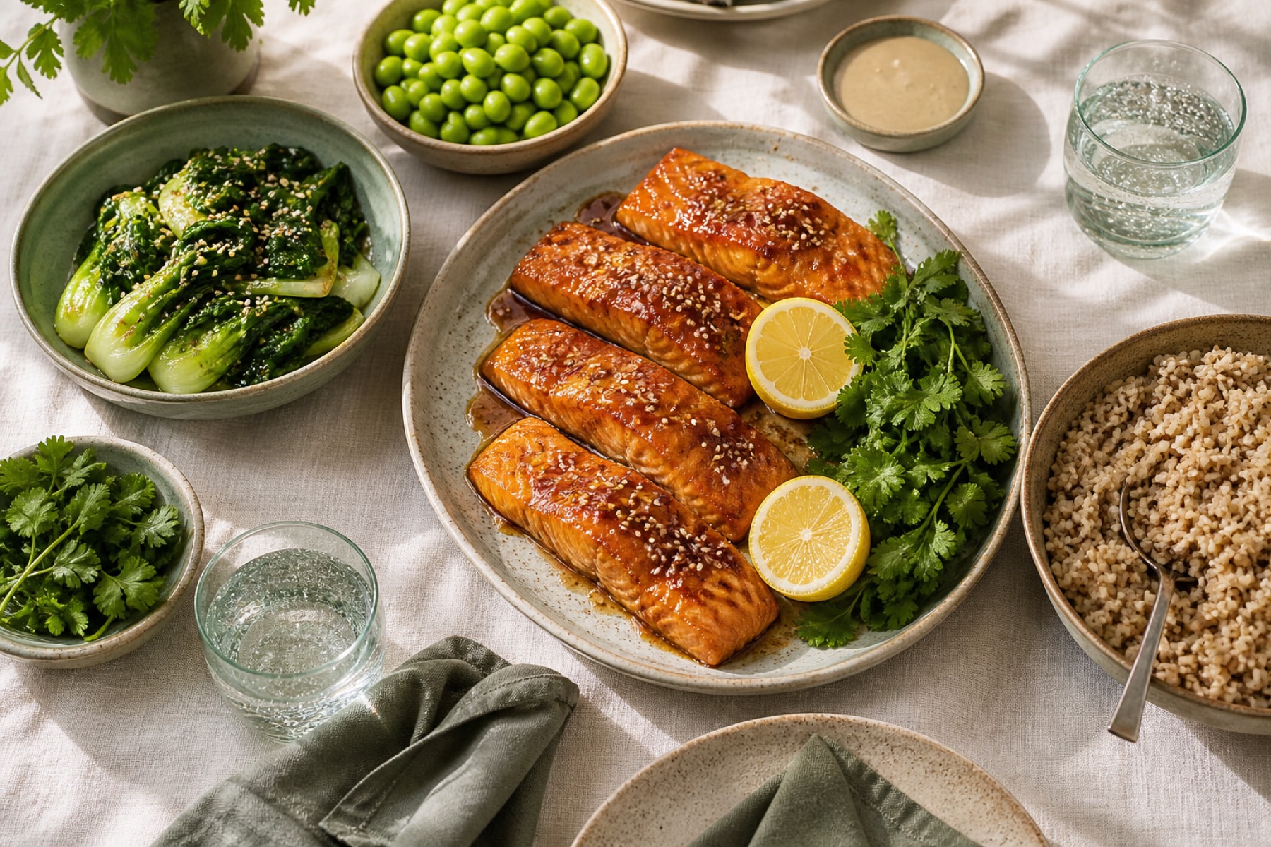 A table spread of glazed salmon, sesame greens, edamame and wholegrain rice in handmade ceramic dishes