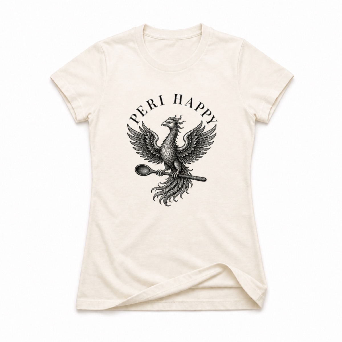 The Phoenix Tee in ecru: a hand-engraved phoenix gripping a wooden spoon, with Peri Happy arched above in serif capitals