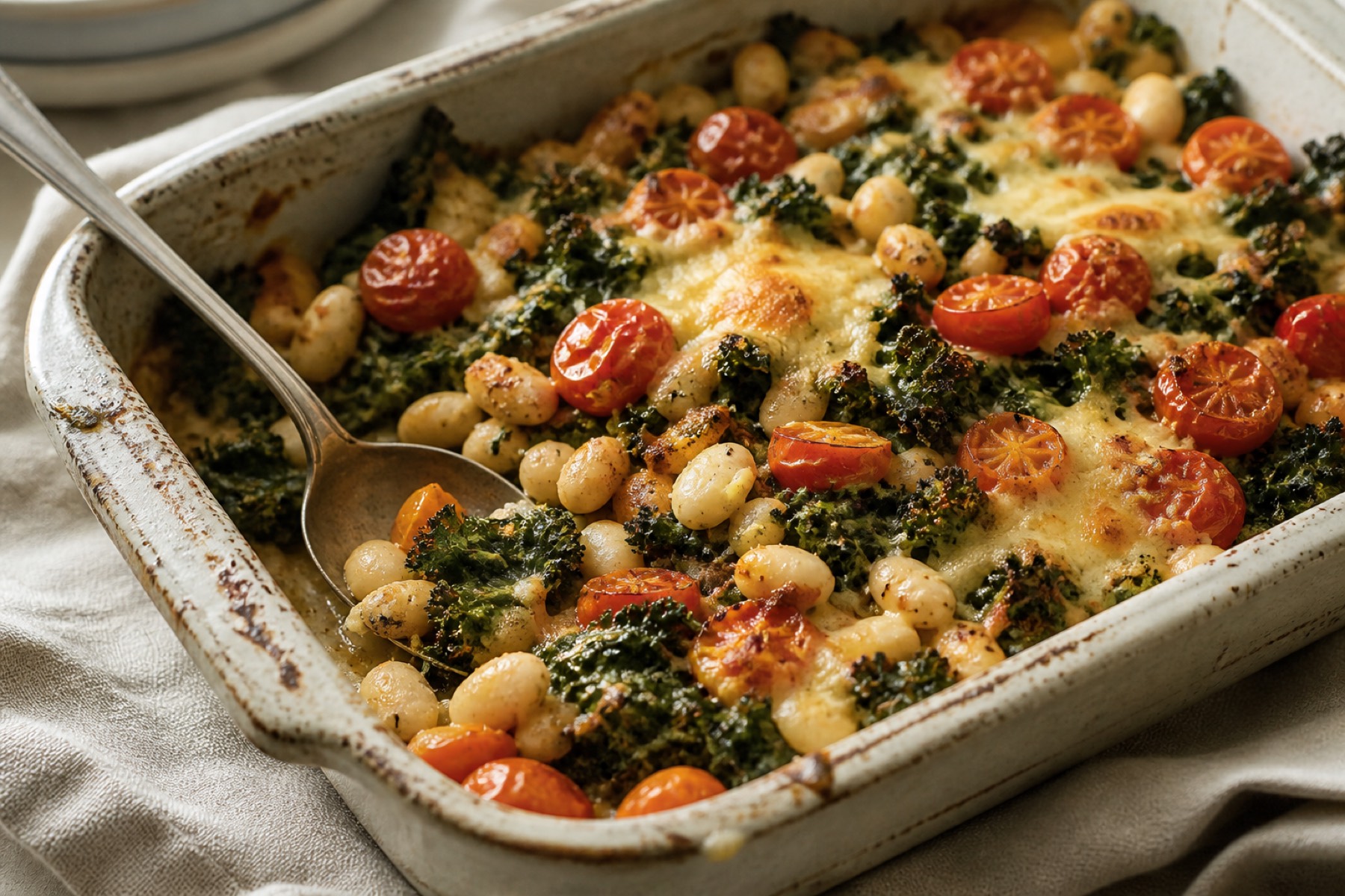 White bean, kale and parmesan traybake with burst cherry tomatoes